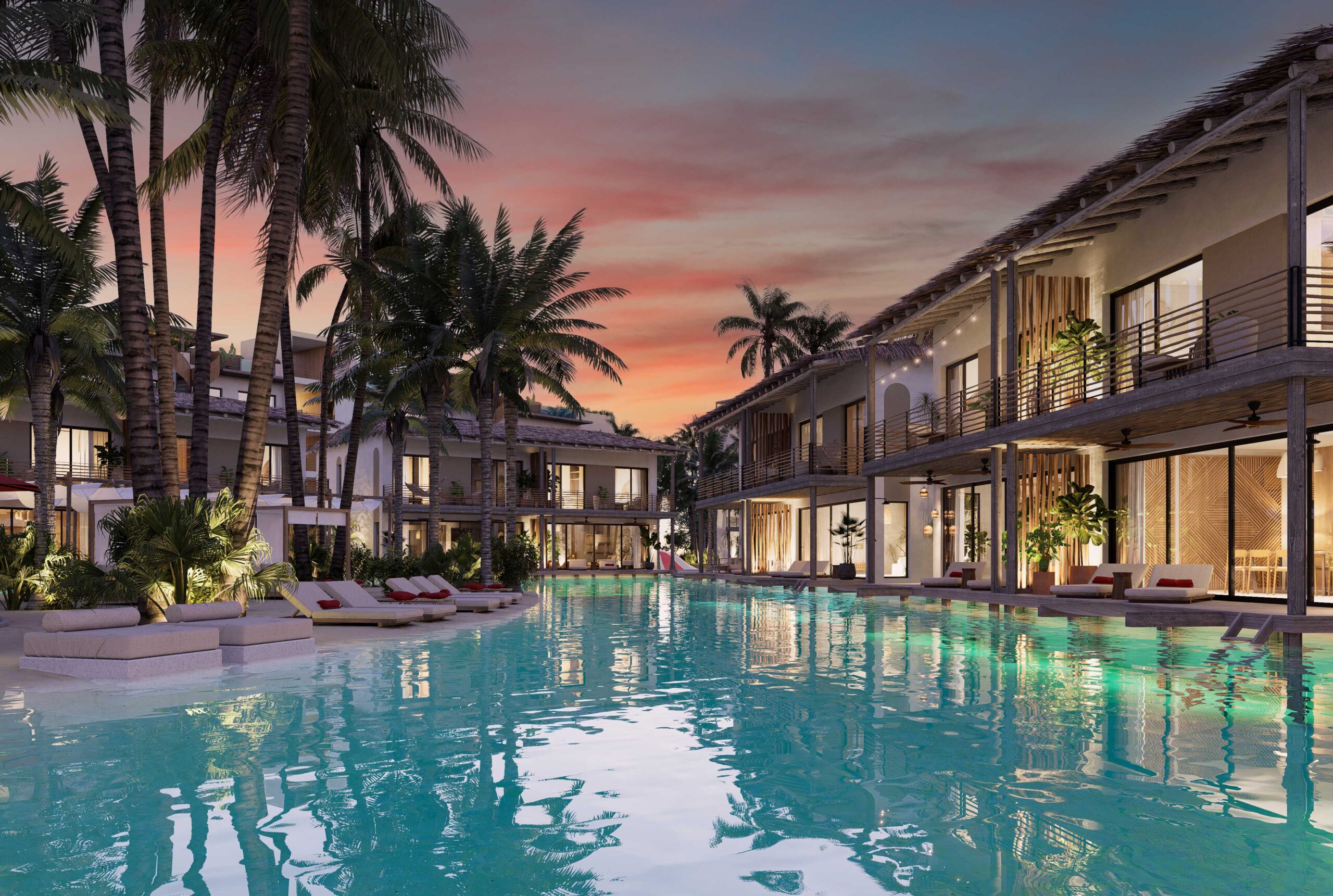 Inversiones inmobiliarias en República Dominicana: piscina y villas en Punta Cana